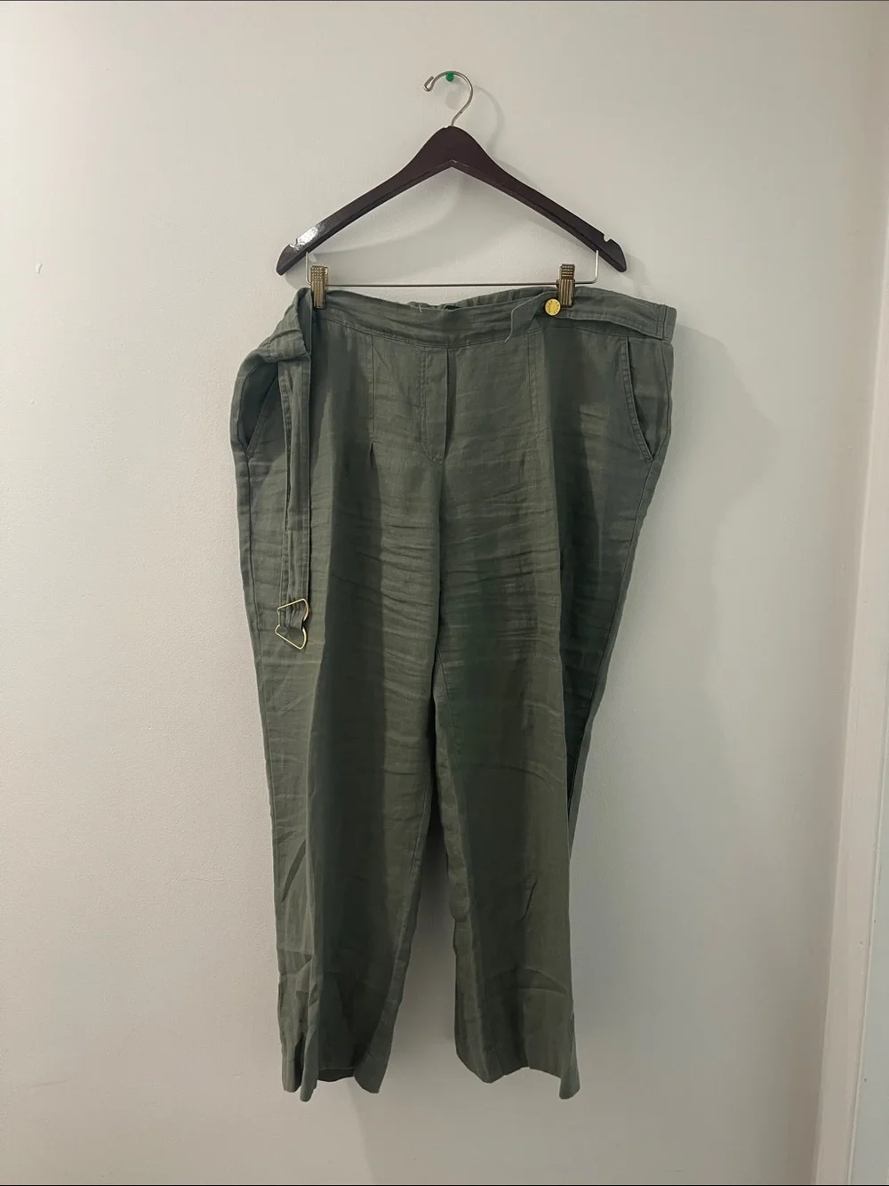 Ellen Tracy Olive Green Linen-Blend Belted Chinos